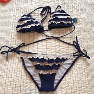 Blue and white ruffle bikini top